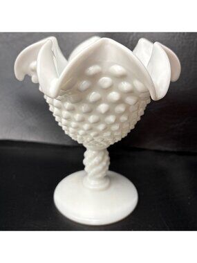 Fenton White Milk Glass Hobnail Ruffled Pedestal Vase 5.5" Decorative Accent